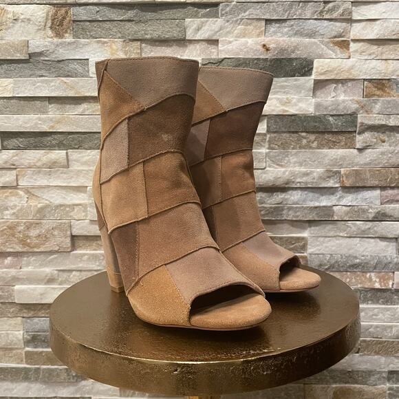 Torrid 7W Patchwork Heeled Booties | Leather Upper, Peep Toe, Neutral Suede - Picture 3 of 9